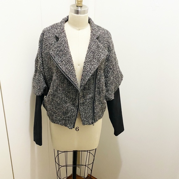 Zara Batwing Convertible Tweed Jacket Mandarin Collar or Lapels Grey Black M - Picture 12 of 16